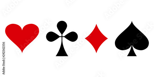 Red and black poker card suit: heart, club, diamond and spade isolated on white background. Vector illustration