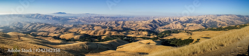 Panoramic view towards Mount Diablo at sunset from the summit of Mission Peak, San Francisco bay area, California