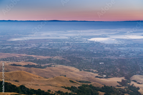 Aerial view of south San Francisco bay after sunset as seen from Mission Peak, California