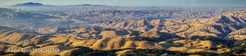 Panoramic view towards Mount Diablo at sunset from the summit of Mission Peak, San Francisco bay area, California