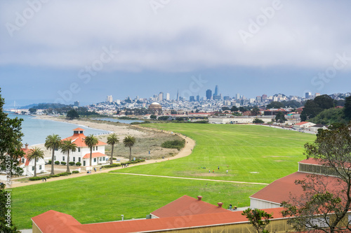 View towards Crissy Field; financial district in the background, San Francisco, California