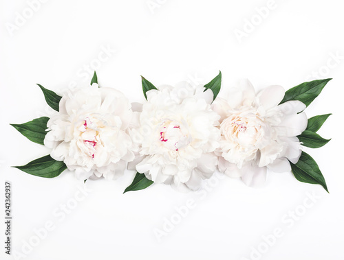 Fototapeta Naklejka Na Ścianę i Meble -  Three white peony flowers and leaves on white background. Top view. Flat lay.