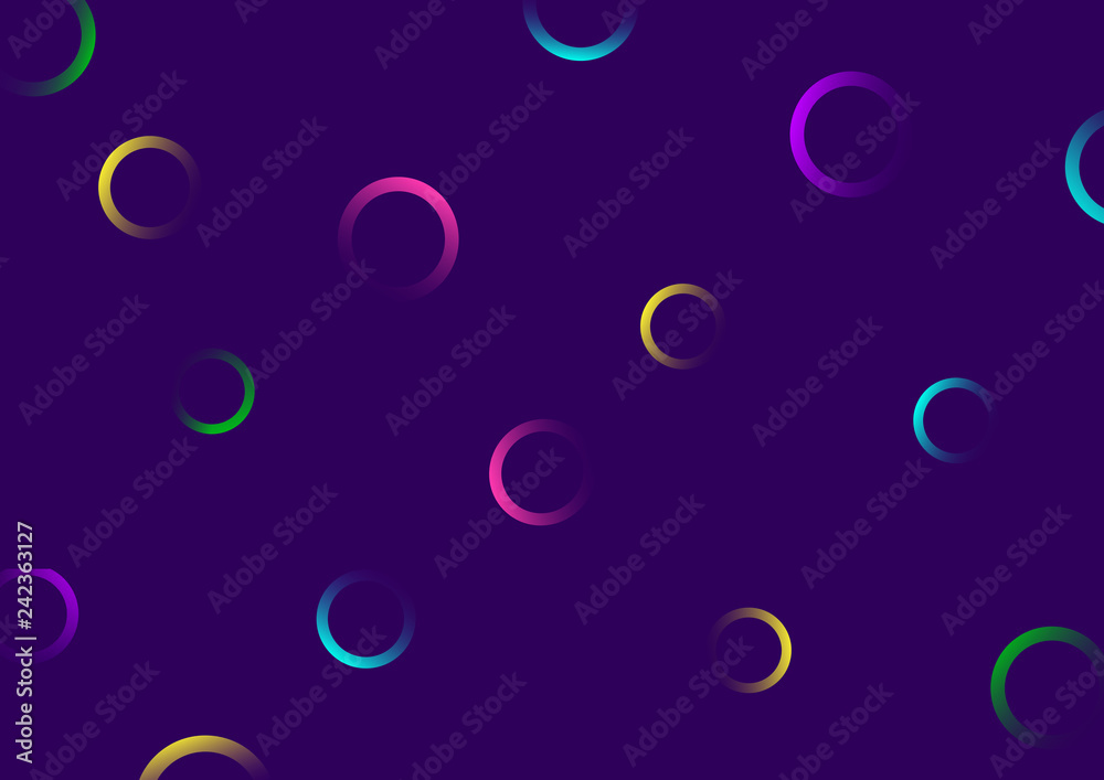 Geometric pattern. Bright colorful circles with gradient on purple background. Vector illustration