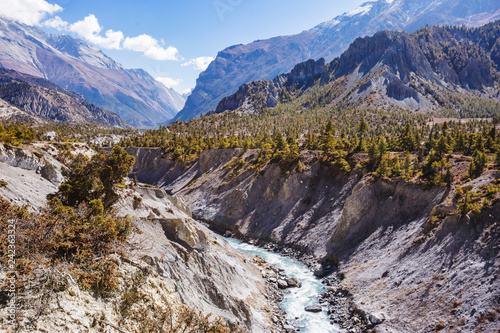 Marsyandi river. Himalayan mountains. Annapurna circuit trek