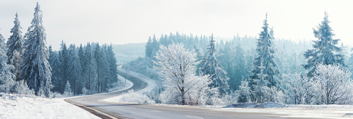 Winter landscape, Winter Forest,  Winter road and trees covered with snow, Germany