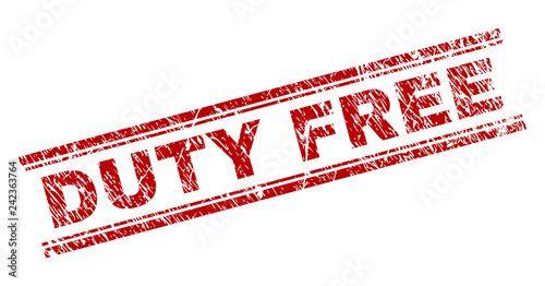 DUTY FREE seal print with grunge effect. Red vector rubber print of DUTY FREE text with grunge texture. Text title is placed between double parallel lines.