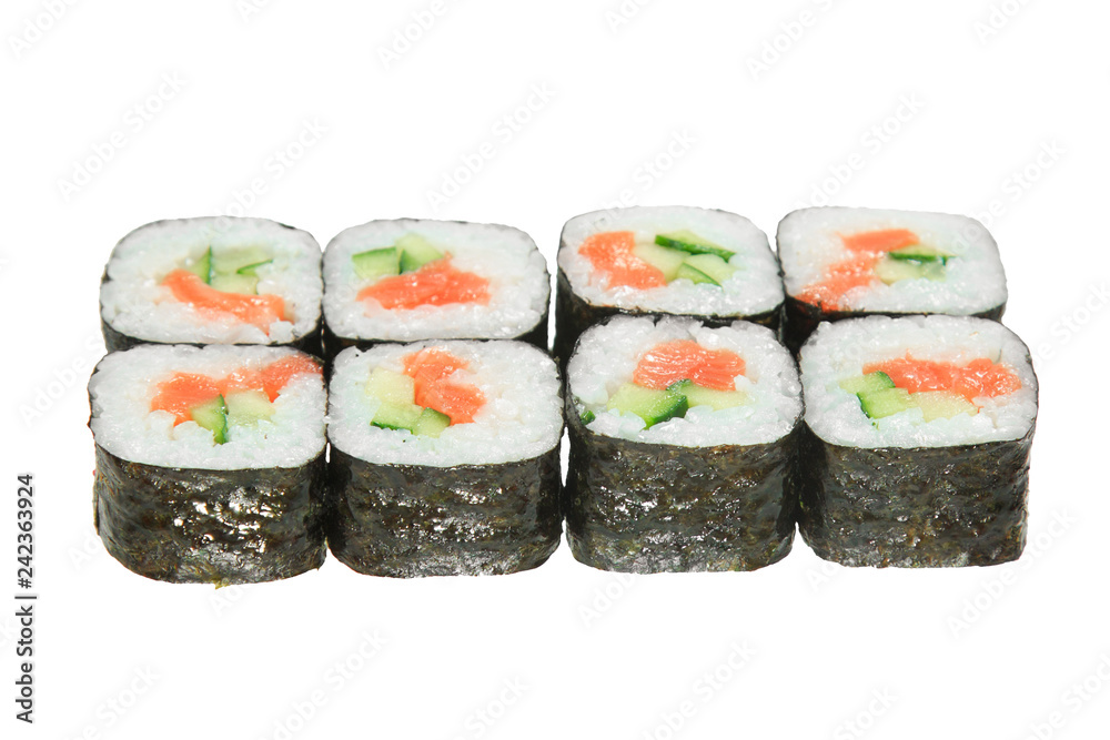 Sushi roll with salmon and cucumber. Isolated on white background. Sushi roll with salmon and cucumber. Isolated on white background.