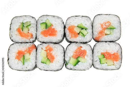 Sushi rolls with salmon and cucumber. Isolated on white background.