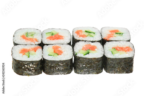 Sushi roll with salmon and cucumber. Isolated on white background.