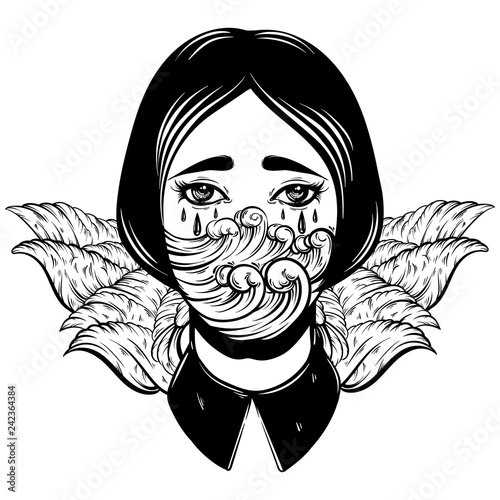 Valokuva Vector illustration of weird young girl with sad eyes and sea waves instead face made in hand drawn style