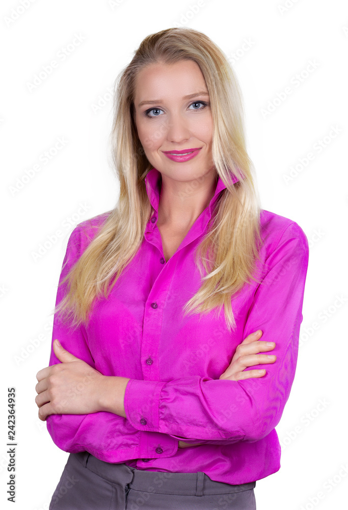 Portrait of young woman standing with her arms crossed isolated on white background Portrait of young woman standing with her arms crossed isolated on white background