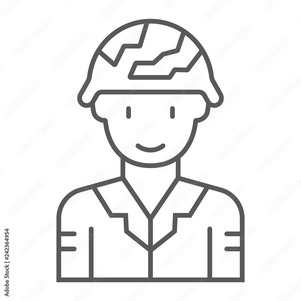 Soldier thin line icon, military and army, warrior sign, vector graphics, a linear pattern on a white background. Soldier thin line icon, military and army, warrior sign, vector graphics, a linear pattern on a white background.