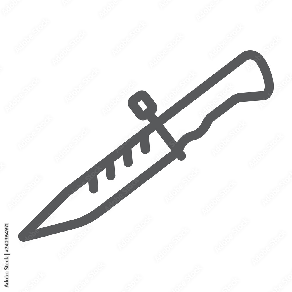 Bayonet knife line icon, weapon and army, combat knife sign, vector graphics, a linear pattern on a white background. Bayonet knife line icon, weapon and army, combat knife sign, vector graphics, a linear pattern on a white background.
