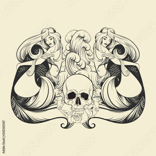 Vector illustration of beautiful mermaid with long hair and sea waves mad in realistic hand drawn sketch line stile. Template for postcard poster banner sticker badge and print for t-shirt