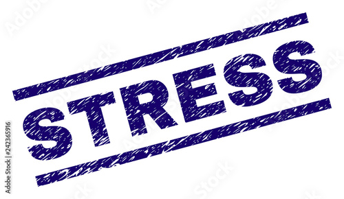 STRESS seal print with distress style. Blue vector rubber print of STRESS text with grunge texture. Text caption is placed between parallel lines.