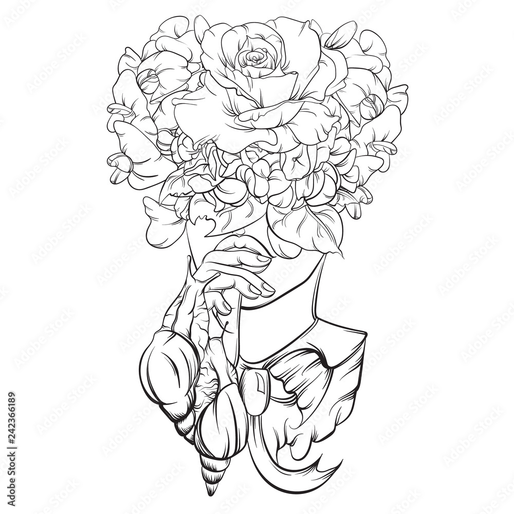 Vector illustration made in realistic hand drawn line style. Portrait of girl with flowers instead head and snails. Template for card poster banner print for t-shirt