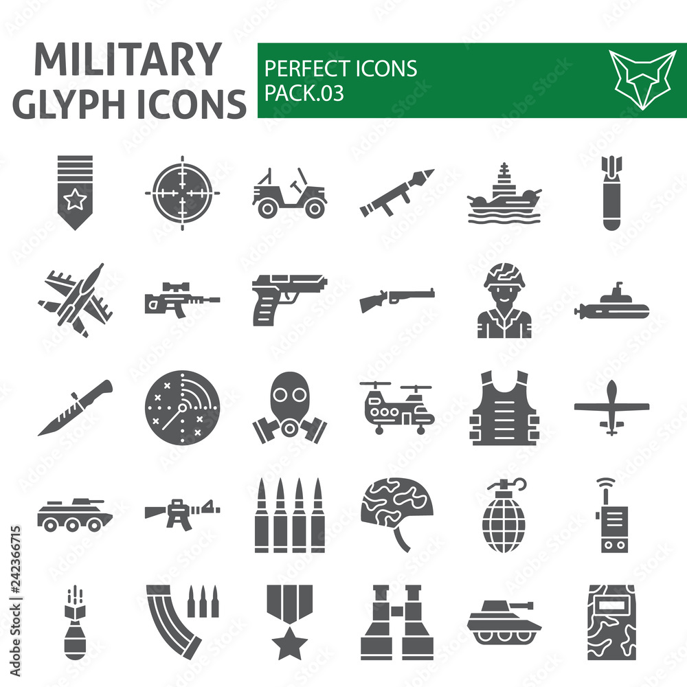 Vecteur Stock Military glyph icon set, army symbols collection, vector