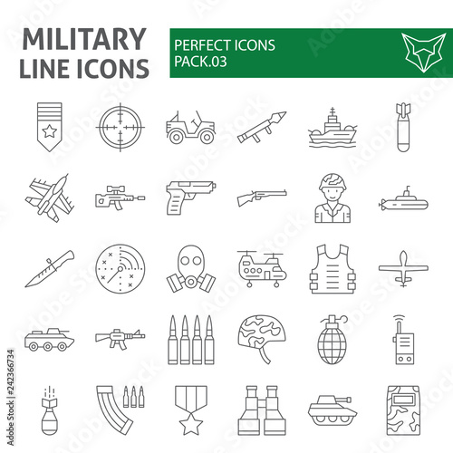 Military thin line icon set, army symbols collection, vector sketches, logo illustrations, war signs linear pictograms package isolated on white background.