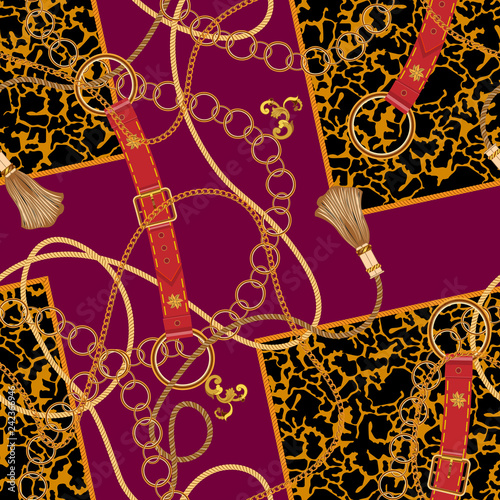 Chains and belts on spotted animal background. Vector seamless pattern for fabric, scarf