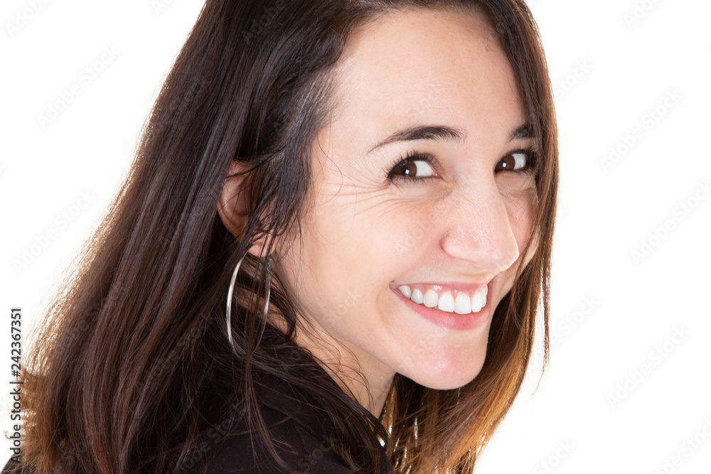 Close up Portrait of smiling happy business woman isolated on white background Close up Portrait of smiling happy business woman isolated on white background