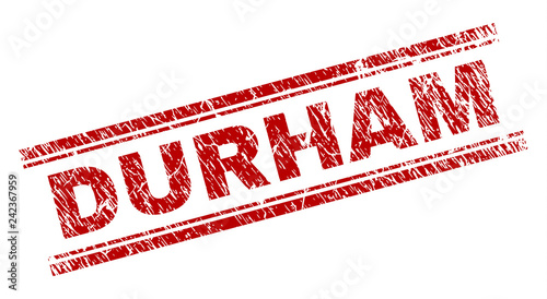 DURHAM seal imprint with distress texture. Red vector rubber print of DURHAM text with unclean texture. Text label is placed between double parallel lines.