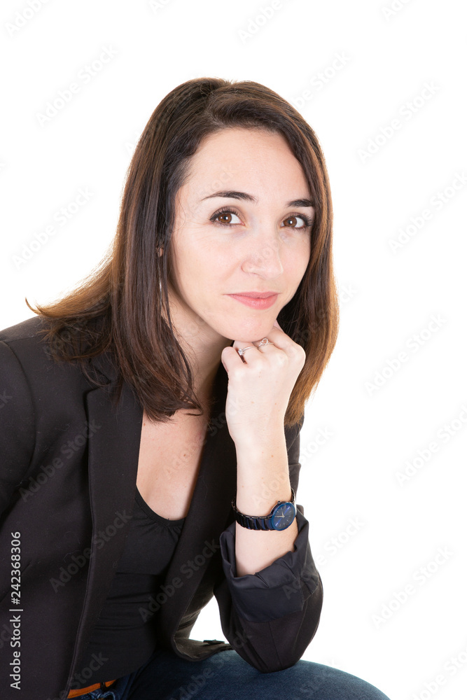 pretty atractive young businesswoman posing with hands of face isolated on white pretty atractive young businesswoman posing with hands of face isolated on white
