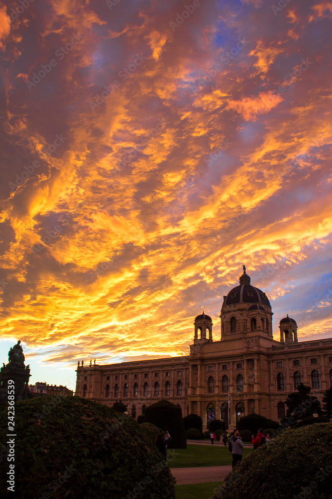Maria Theresa Square in Vienna. Museum of Natural History in Vienna. Art History Museum in Vienna. On the Sunset.