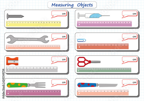 Measuring Length of the Objects with Ruler, worksheet for children, practice sheets, mathematics activities