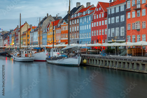 Copenhagen. The Nyhavn channel is at dawn.