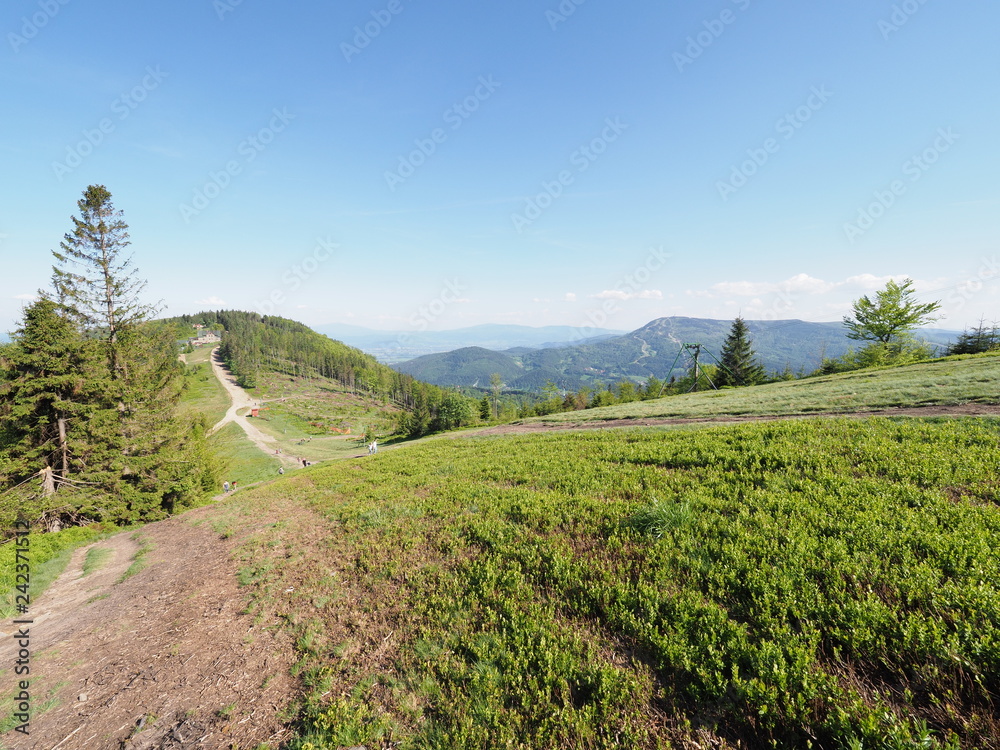 Peaceful view of Klimczok mount in Silesian Beskids Mountains range landscape near european Bielsko-Biala city, Poland