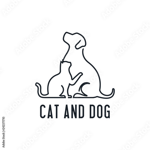 Home pets, minimalist monoline lineart outline dog cat icon logo template vector illustration, Modern kitten and puppy label for Veterinary clinic Logotype concept. petfood