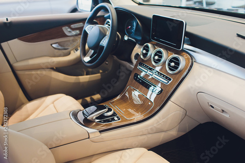 Car modern interior with white leather seats vehicle.