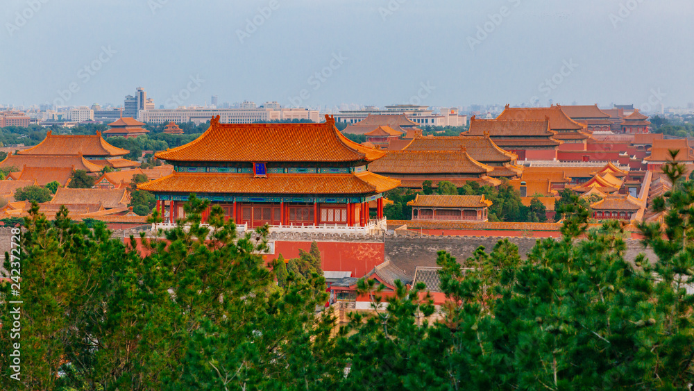 Aerial view of the Forbidden City in central Beijing, China under blue sky