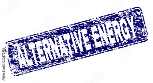 ALTERNATIVE ENERGY stamp seal imprint with grunge texture. Seal shape is a rounded rectangle with frame. Blue vector rubber print of ALTERNATIVE ENERGY label with grunge texture.