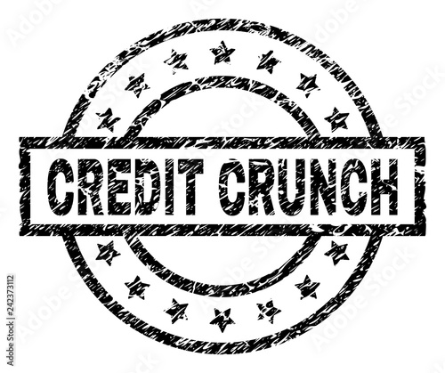 CREDIT CRUNCH stamp seal watermark with distress style. Designed with rectangle, circles and stars. Black vector rubber print of CREDIT CRUNCH text with dust texture.