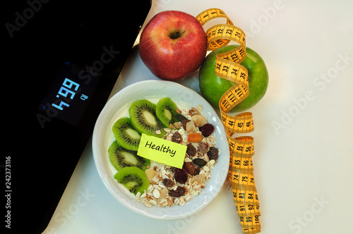 diet concept, apples and yogurt bowl and cereals, healthy diet