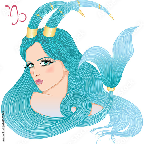 Zodiac. Vector illustration of the astrological sign of Capricorn as a beautiful girl with long hair. Isolated on white background