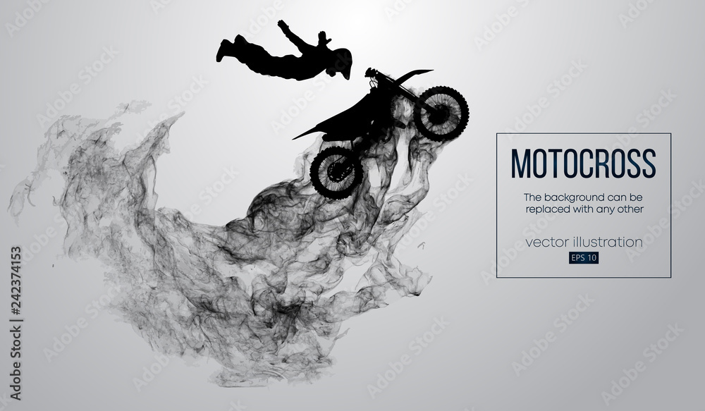 Naklejka premium Abstract silhouette of a motocross rider on white background from particles, dust, smoke, steam. Motocross rider jumping and performs a trick. Background can be changed to any other. Vector