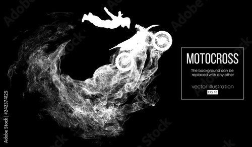 Abstract silhouette of a motocross rider on dark black background from particles, dust, smoke, steam. Motocross rider jumping and performs a trick. Background can be changed to any other. Vector