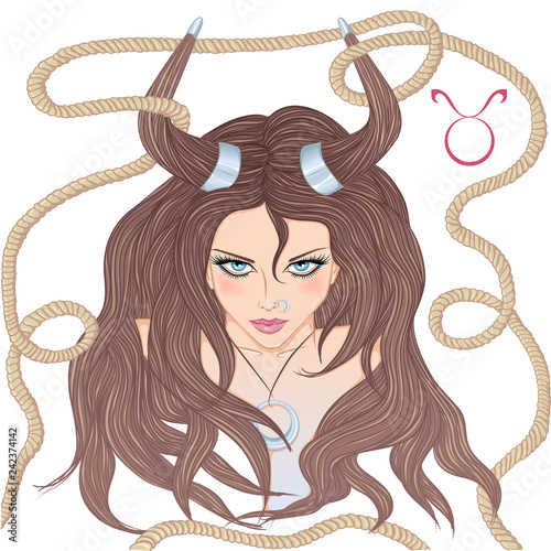 Zodiac. Vector illustration of the astrological sign of Taurus as a beautiful girl with long hair. Isolated on white background