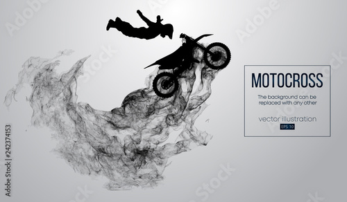Abstract silhouette of a motocross rider on white background from particles, dust, smoke, steam. Motocross rider jumping and performs a trick. Background can be changed to any other. Vector