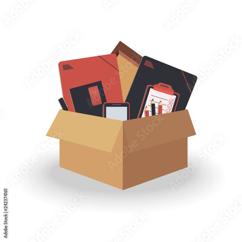 Concept of moving to new office. Cardboard brown box 3d with folders in trendy colours coral navy, wooden frame, pen and pencils, to do list or planner, envelope, mobile phone.  Vector illustration