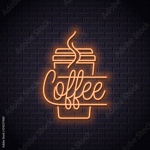 Coffee cup neon logo. Take away coffee to go
