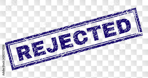 REJECTED stamp seal print with rubber print style and double framed rectangle shape. Stamp is placed on a transparent background. Blue vector rubber print of REJECTED title with grunge texture.
