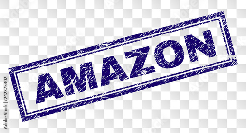 AMAZON stamp seal imprint with rubber print style and double framed rectangle shape. Stamp is placed on a transparent background. Blue vector rubber print of AMAZON label with unclean texture.
