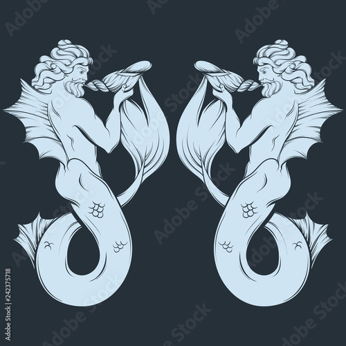 Vector hand drawn illustration of triton in realistic line style. Mythology artwork. Template for card poster bannerprint for t-shirt.