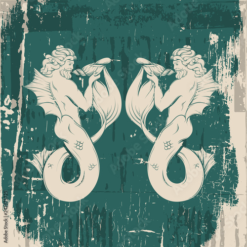 Vector hand drawn illustration of triton in realistic line style. Mythology artwork. Template for card poster bannerprint for t-shirt.