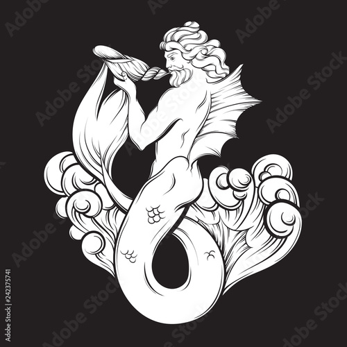 Vector hand drawn illustration of triton in realistic line style. Mythology artwork. Template for card poster bannerprint for t-shirt.