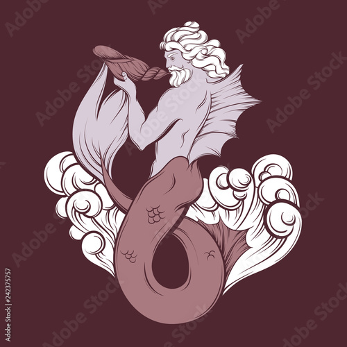 Vector hand drawn illustration of triton in realistic line style. Mythology artwork. Template for card poster bannerprint for t-shirt.
