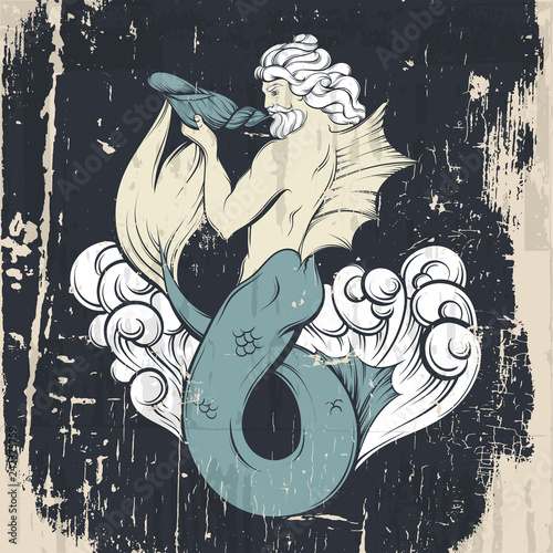 Vector hand drawn illustration of triton in realistic line style. Mythology artwork. Template for card poster bannerprint for t-shirt.